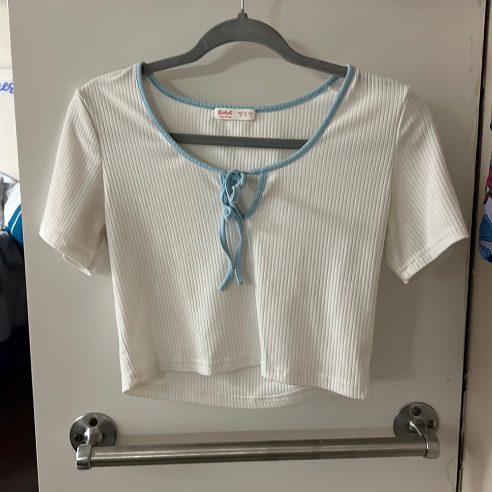 White & Light Blue Romwe Crop Top